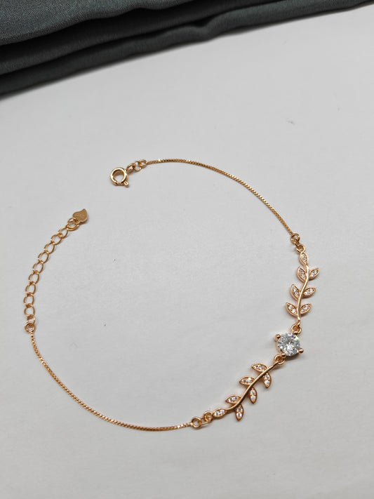 925 Silver Rose Gold Colour Leaf Design Bracelet