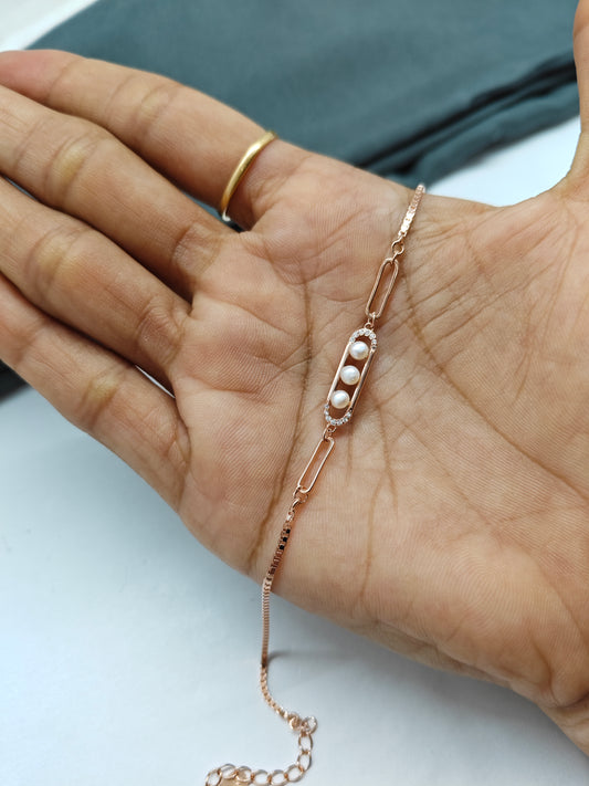 925 Silver Rose Gold Colour Peral Design Bracelet