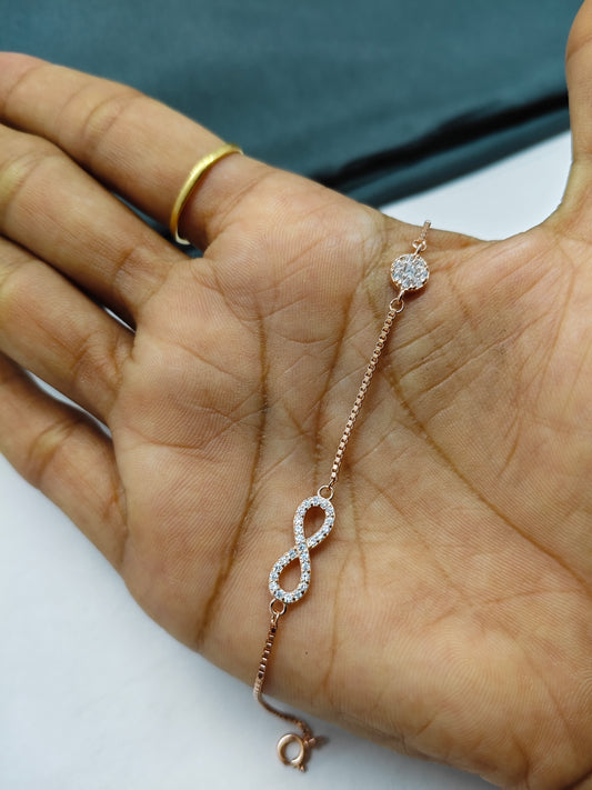 925 Silver Rose Gold Colour Infinity With 7 White Stone Design Bracelet