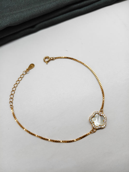 925 Silver Rose Gold Colour White MOP Flower Design Bracelet
