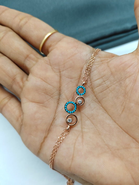 925 Silver Rose Gold Colour Blue Enamel Round Design Bracelet