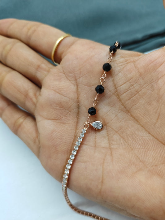 925 Silver Rose Gold Colour Hand Mangalsutra Black Beads Design Bracelet
