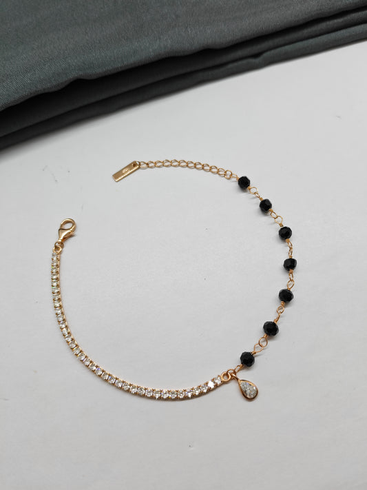 925 Silver Rose Gold Colour Hand Mangalsutra Black Beads Design Bracelet