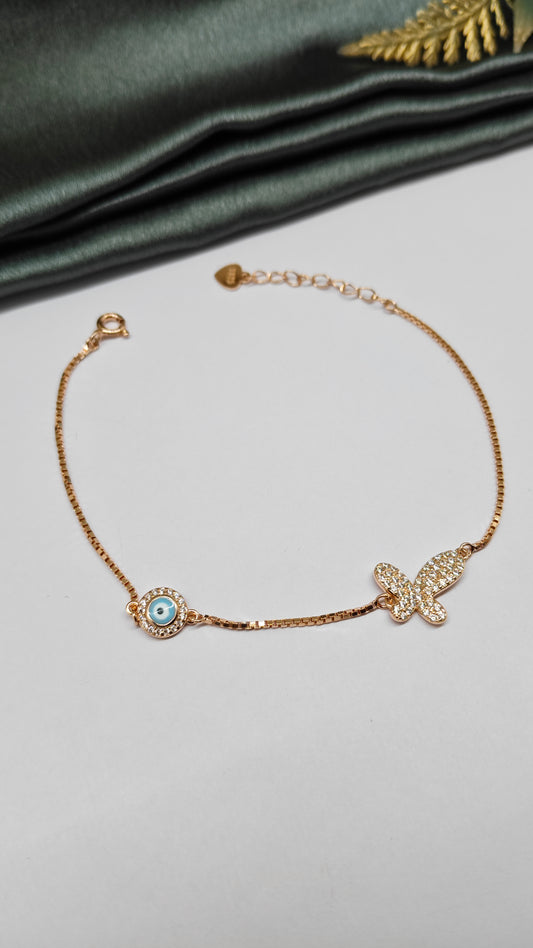 925 Silver Rose Gold Colour Butterfly With Evil Eye Design Bracelet