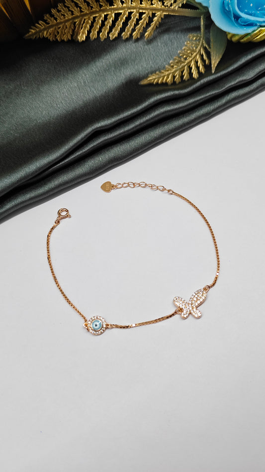 925 Silver Rose Gold Colour Butterfly With Evil Eye Design Bracelet