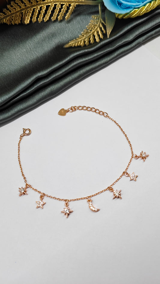 925 Silver Rose Gold Colour Star With Moon Stone Hanging Design Bracelet