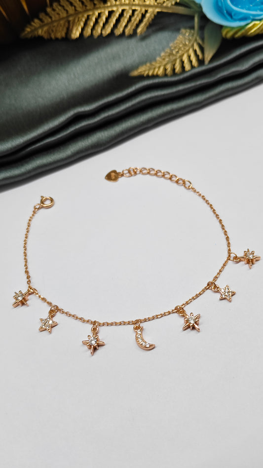 925 Silver Rose Gold Colour Star With Moon Stone Hanging Design Bracelet