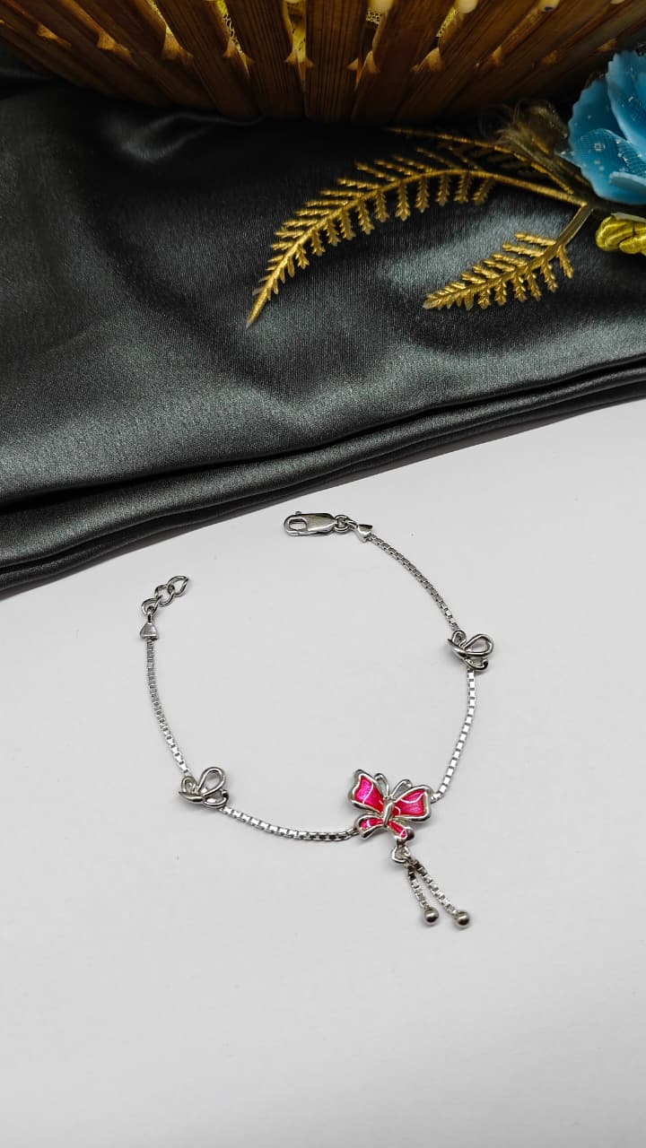 925 Silver In Regular Colour Pink Enamel Butterfly Design Hanging Bracelet