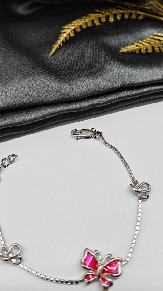 925 Silver In Regular Colour Pink Enamel Butterfly Design Hanging Bracelet