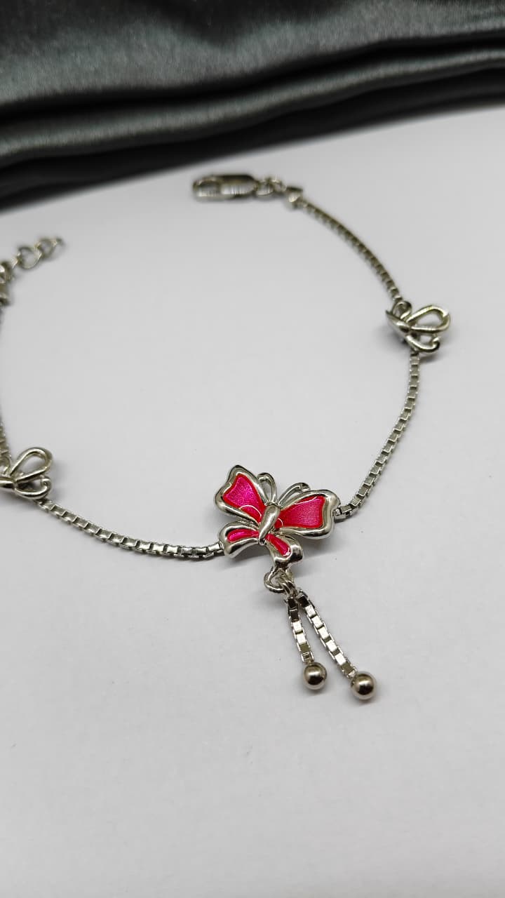 925 Silver In Regular Colour Pink Enamel Butterfly Design Hanging Bracelet