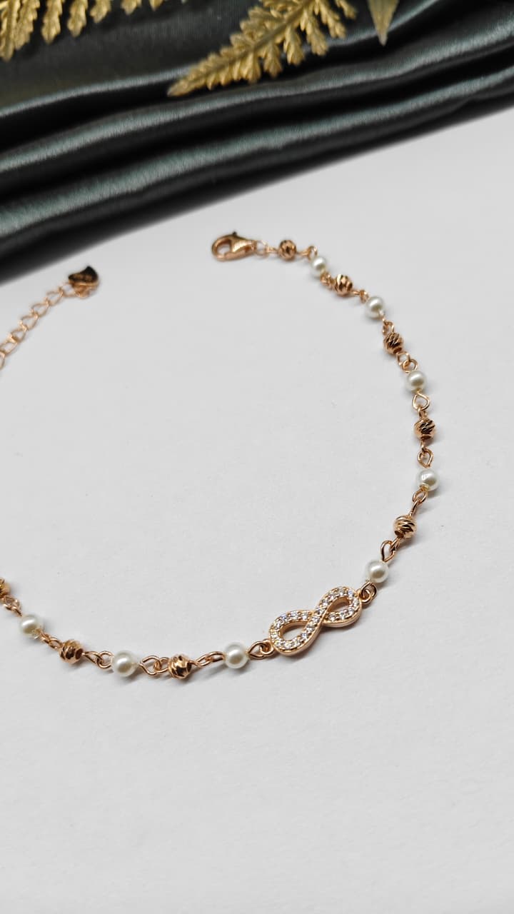 925 Silver Rose Gold Colour Pearl With Infinity Design Bracelet