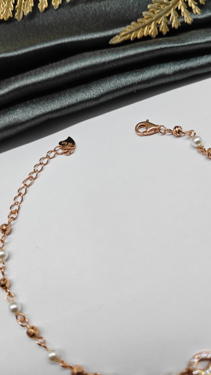 925 Silver Rose Gold Colour Pearl With Infinity Design Bracelet