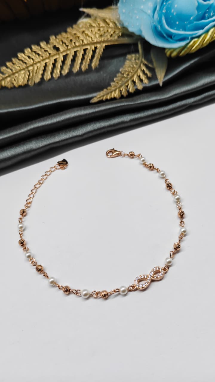 925 Silver Rose Gold Colour Pearl With Infinity Design Bracelet