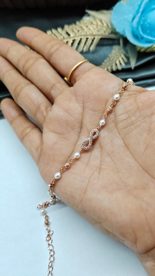 925 Silver Rose Gold Colour Pearl With Infinity Design Bracelet