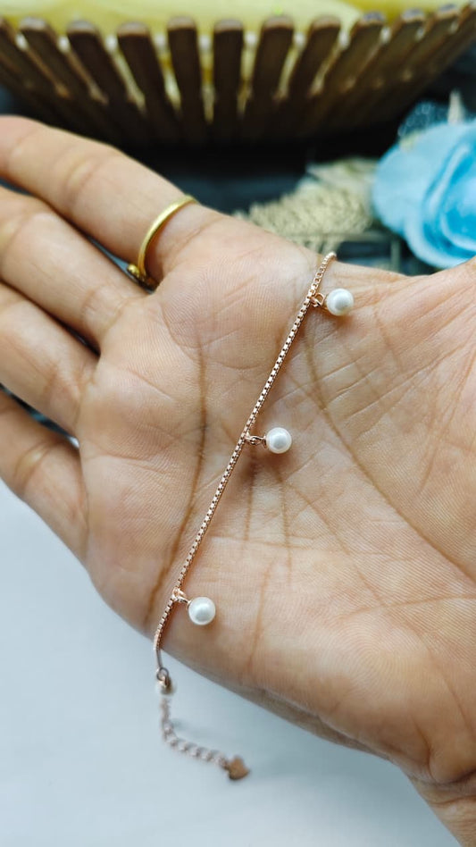 925 Silver Rose Gold Colour Small Pearl Hanging Design Bracelet