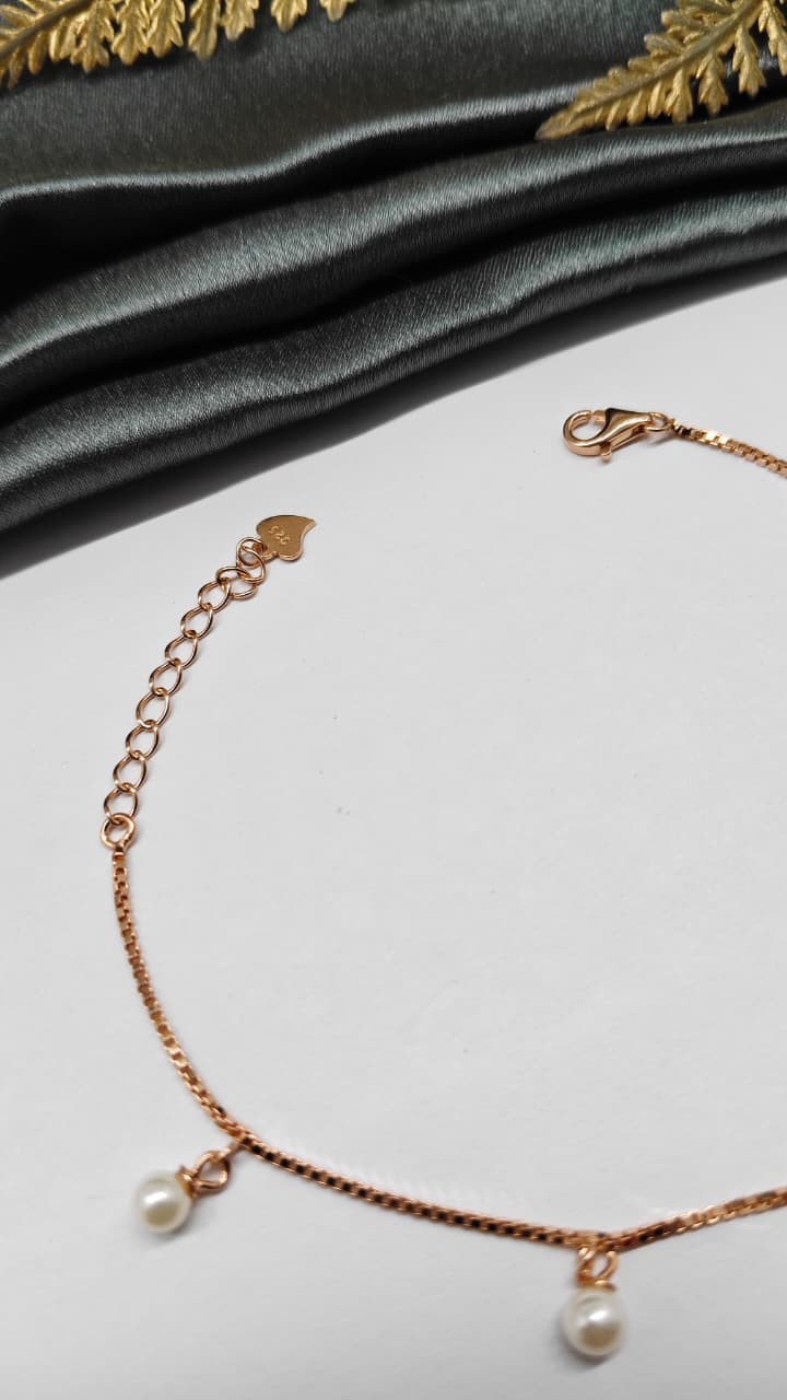 925 Silver Rose Gold Colour Small Pearl Hanging Design Bracelet
