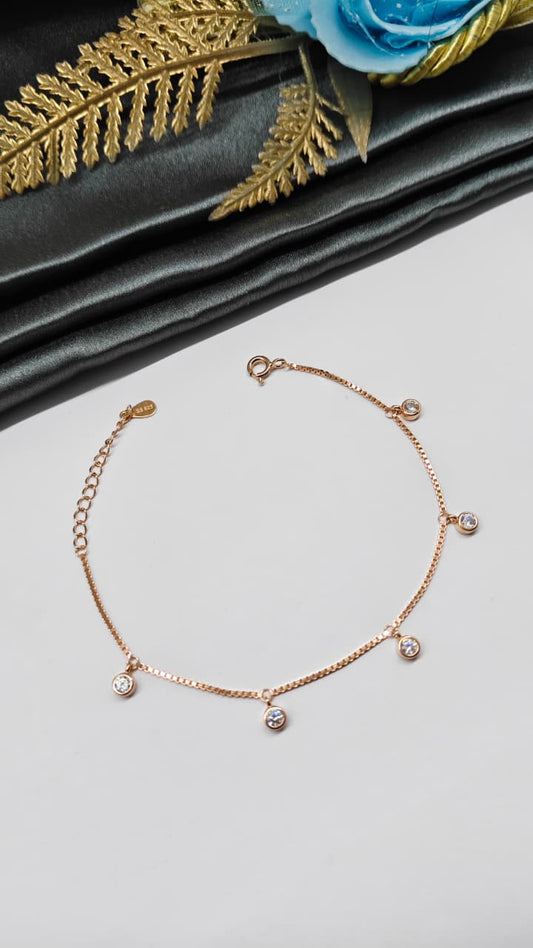 925 Silver Rose Gold Colour Small White Stone Hanging Design Bracelet