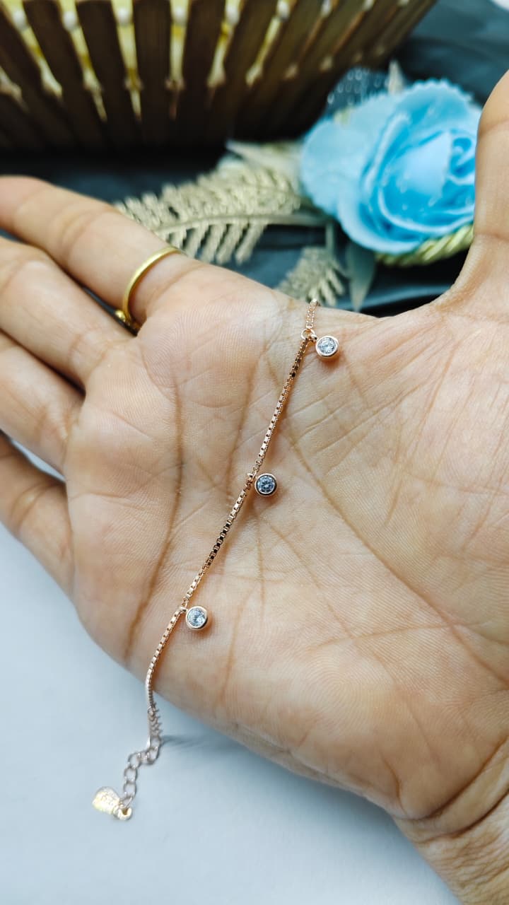 925 Silver Rose Gold Colour Small White Stone Hanging Design Bracelet