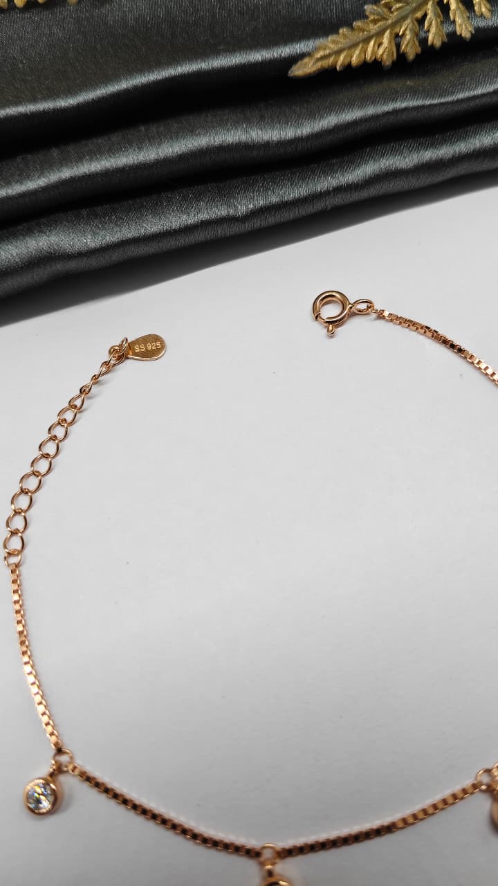 925 Silver Rose Gold Colour Small White Stone Hanging Design Bracelet