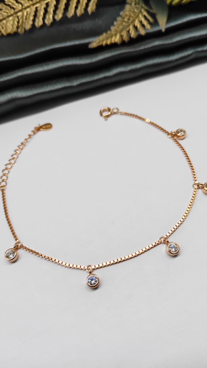 925 Silver Rose Gold Colour Small White Stone Hanging Design Bracelet