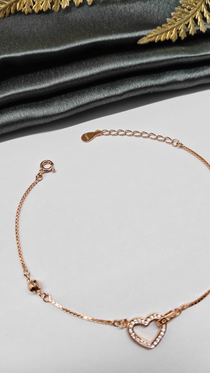 925 Silver Rose Gold Colour Heart Design Bracelet