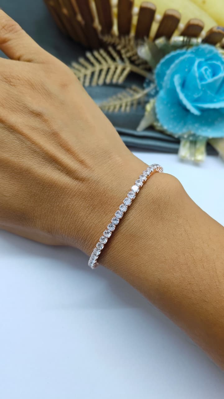 925 Silver Rose Gold Colour Stretchable Design White Stone Bracelet