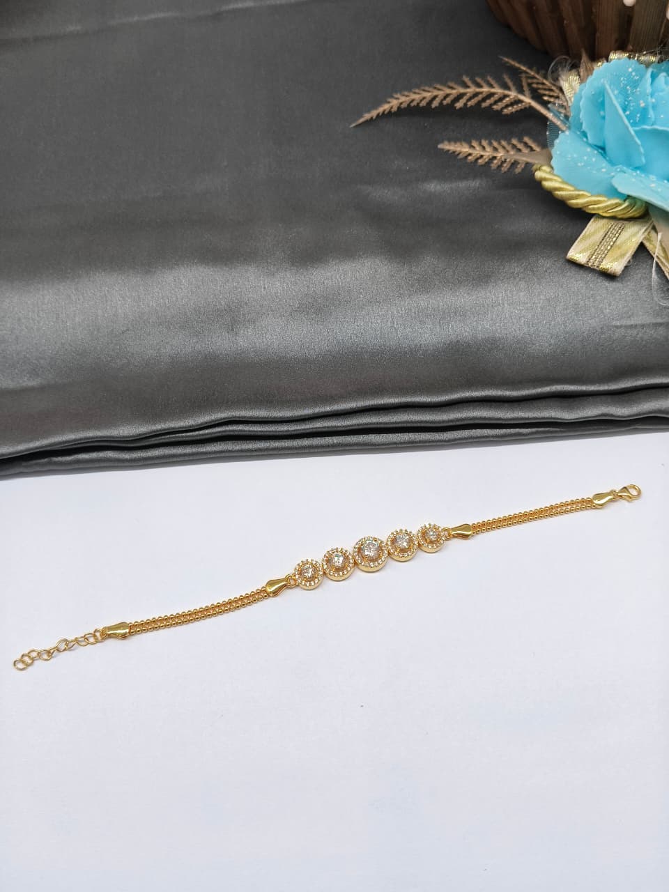 925 Silver Regular Gold Colour 5 Solitare With Full White Stone Design Bracelet