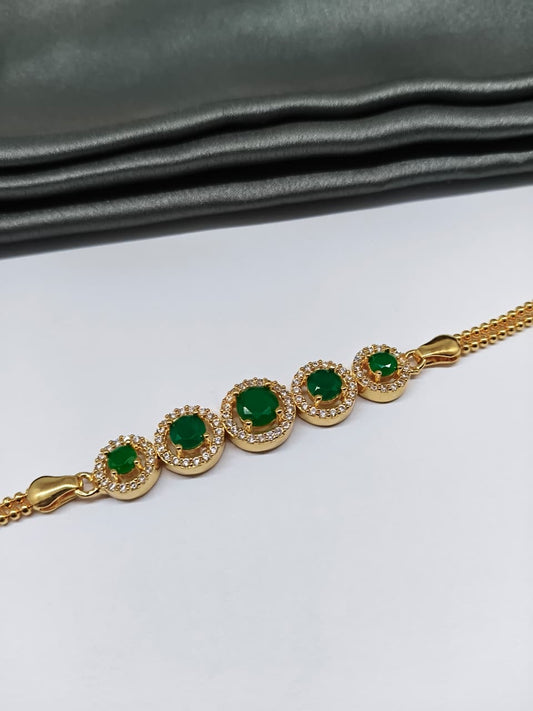 925 Silver Regular Gold Colour 5 Solitare Green Stone With White Stone Design Bracelet