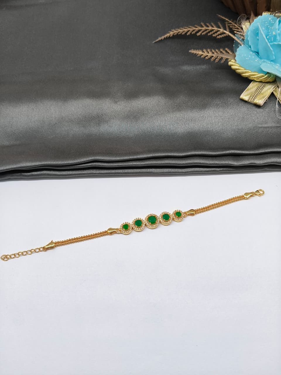 925 Silver Regular Gold Colour 5 Solitare Green Stone With White Stone Design Bracelet