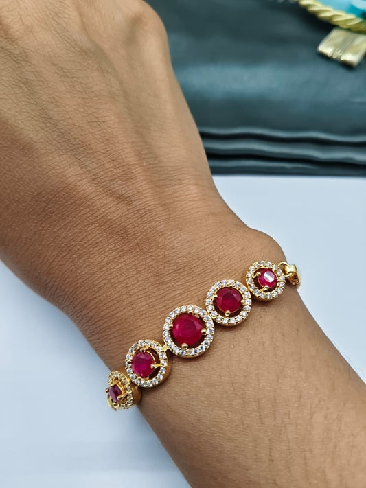 925 Silver Regular Gold Colour 5 Solitare Pink Stone With White Stone Design Bracelet