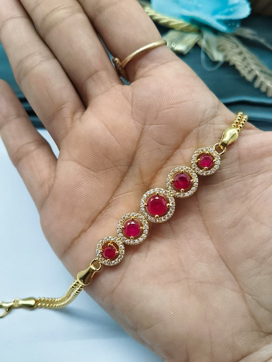 925 Silver Regular Gold Colour 5 Solitare Pink Stone With White Stone Design Bracelet