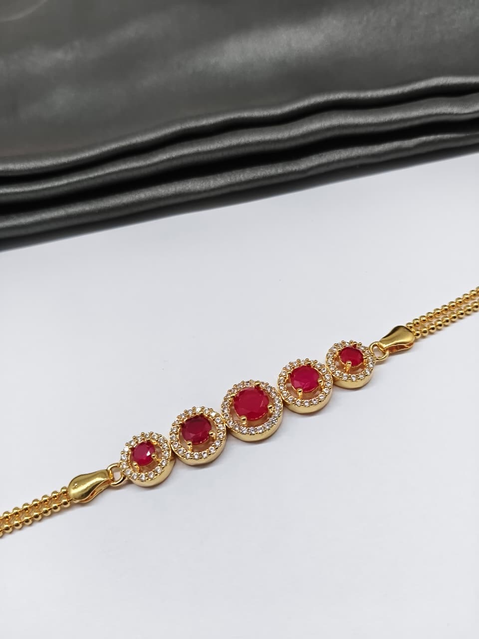 925 Silver Regular Gold Colour 5 Solitare Pink Stone With White Stone Design Bracelet