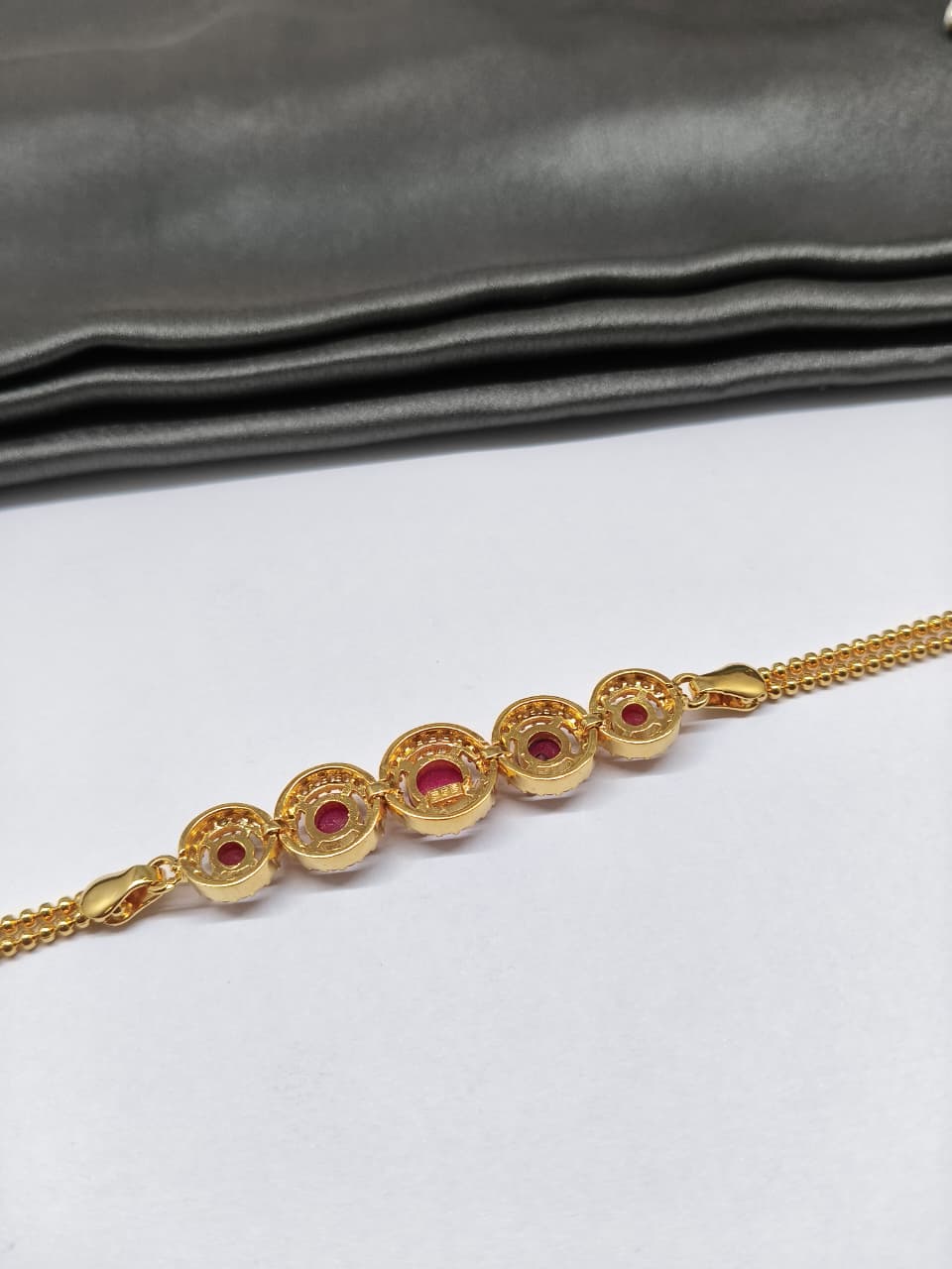 925 Silver Regular Gold Colour 5 Solitare Pink Stone With White Stone Design Bracelet