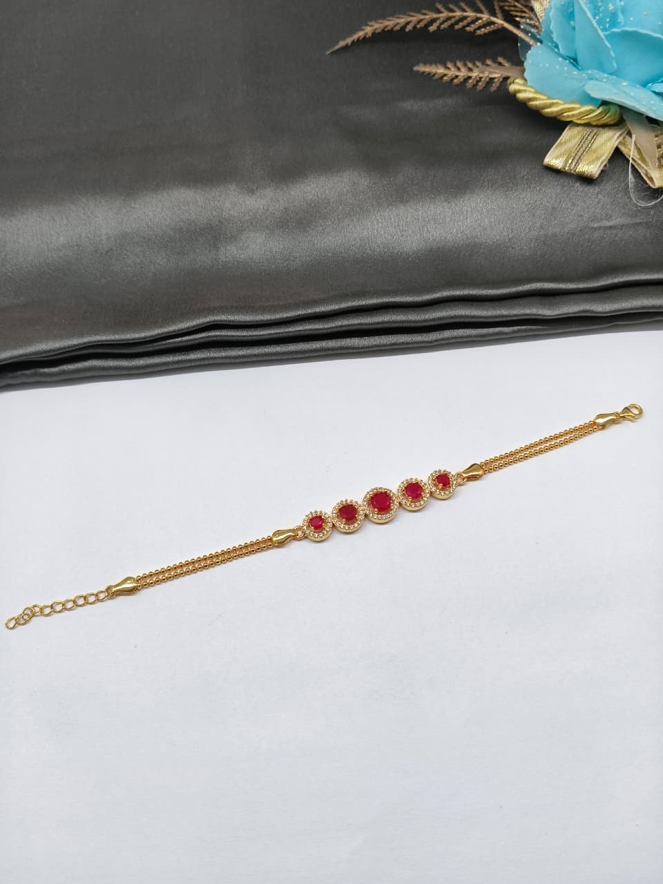 925 Silver Regular Gold Colour 5 Solitare Pink Stone With White Stone Design Bracelet