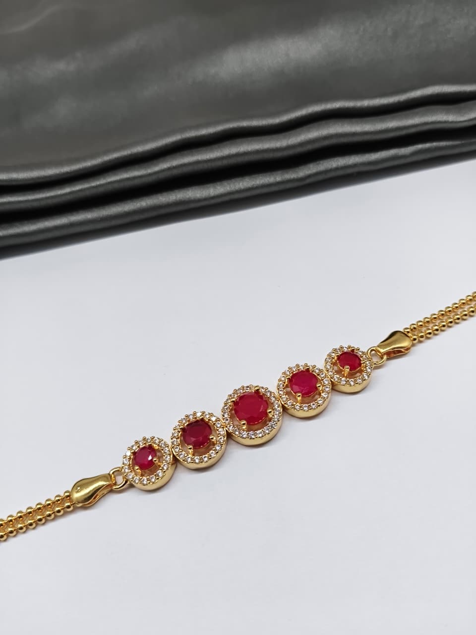 925 Silver Regular Gold Colour 5 Solitare Pink Stone With White Stone Design Bracelet