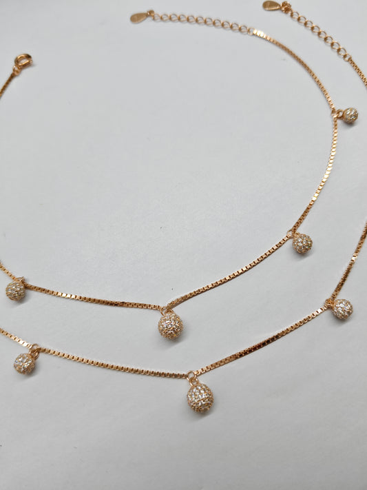 925 Silver Rose Gold Colour Hanging Balls Design Anklets