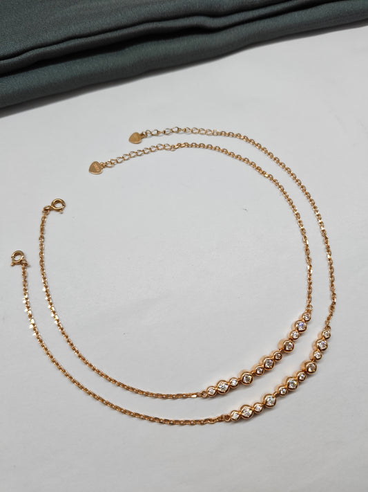925 Silver Rose Gold Colour Multiple White Stone Design Anklets