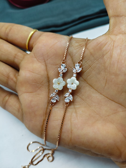 925 Silver Rose Gold Colour MOP Flower Design Anklets