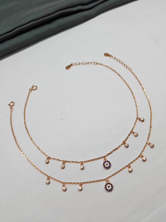 925 Silver Rose Gold Colour Evil Eye With Hanging White Stone Design Anklets