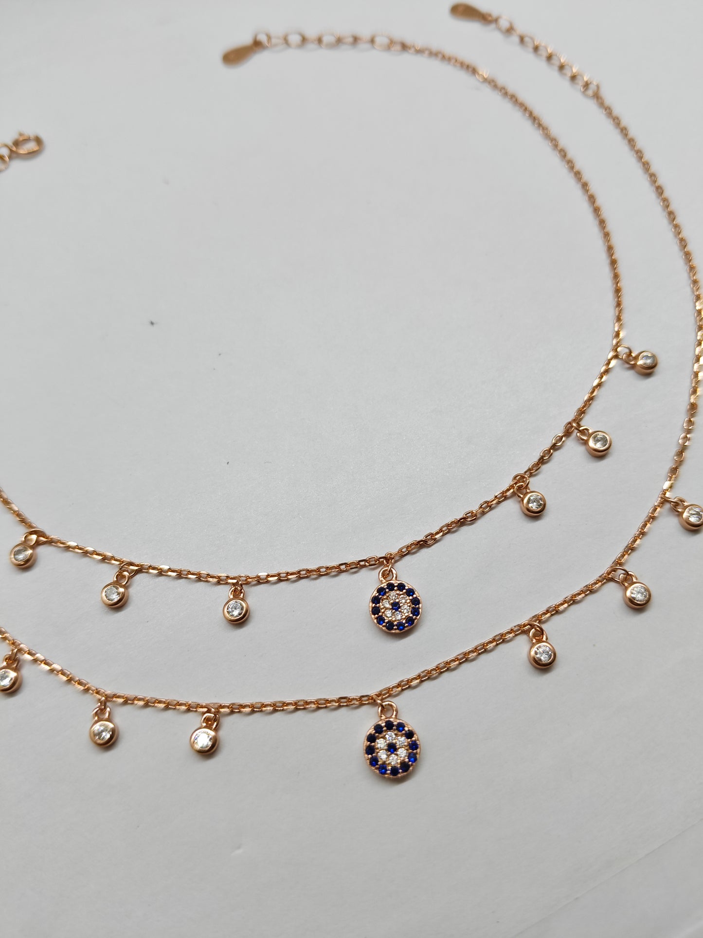 925 Silver Rose Gold Colour Evil Eye With Hanging White Stone Design Anklets