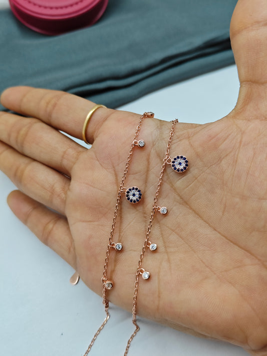 925 Silver Rose Gold Colour Evil Eye With Hanging White Stone Design Anklets