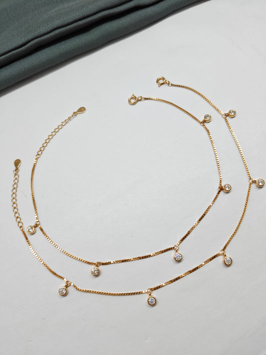 925 Silver Rose Gold Colour White Stone Hanging Design Anklets