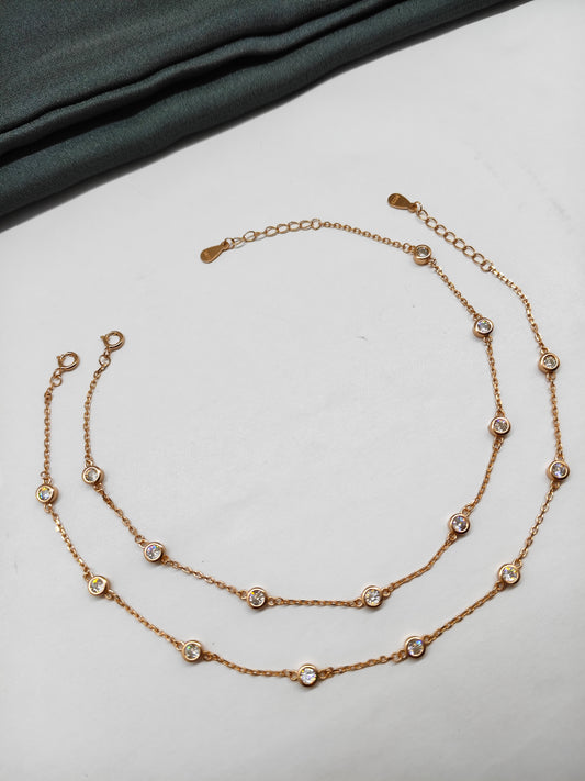 925 Silver Rose Gold Colour Single White Stone Design Anklets