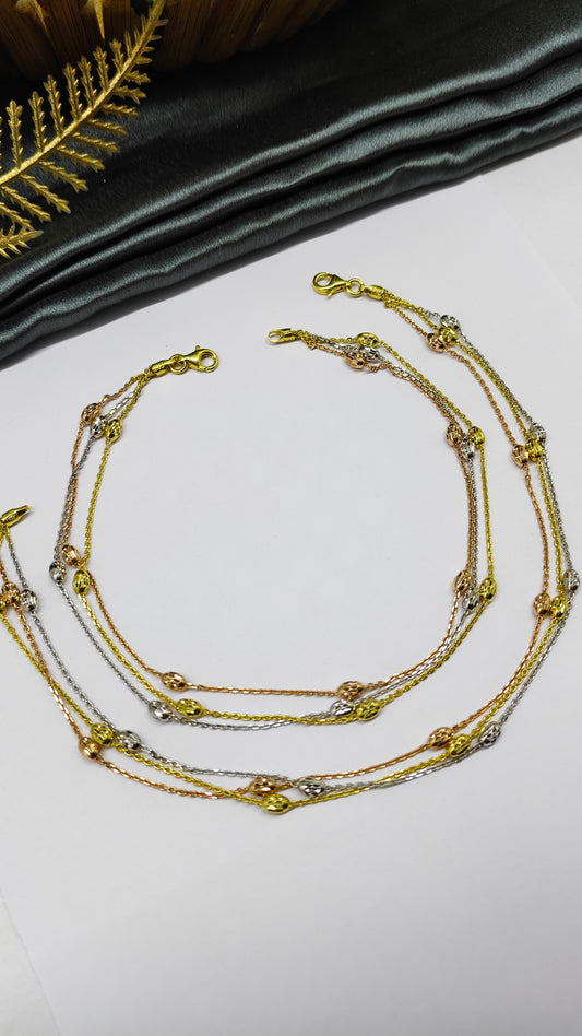 925 Silver 3 Layer Tone Rose-Gold-Silver Colour Beads Design Anklet Pair