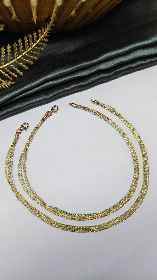 925 Silver 5 Layer Tone Rose-Gold-Silver Colour Design Anklet Pair