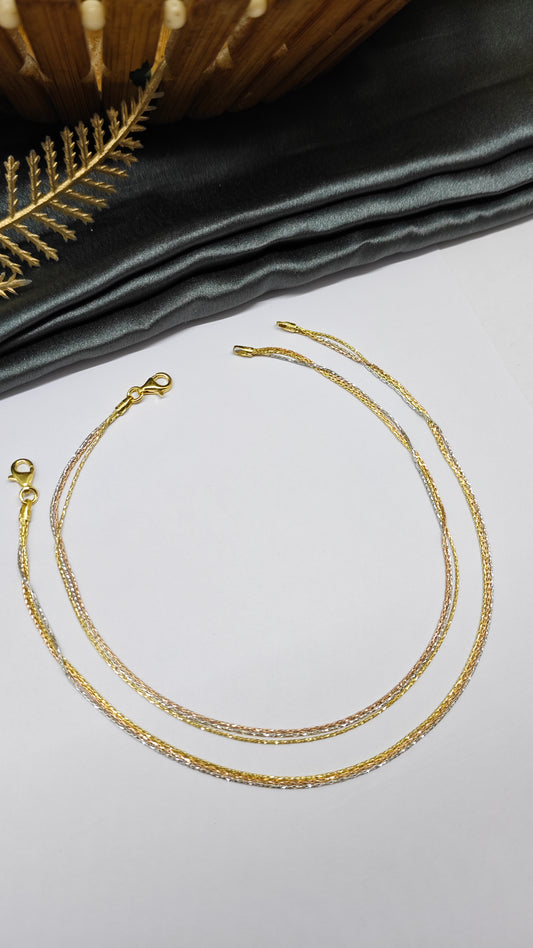 925 Silver 3 Layer Tone Rose-Gold-Silver Colour Design Anklet Pair