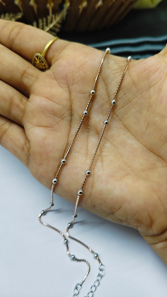925 Silver Two Tone Rose Gold Silver 2-2 Balls Design Anklet Pair