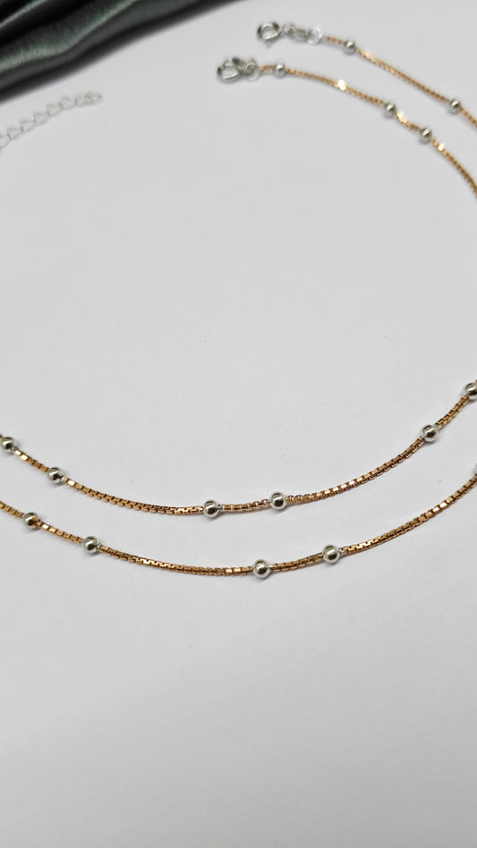 925 Silver Two Tone Rose Gold Silver 2-2 Balls Design Anklet Pair