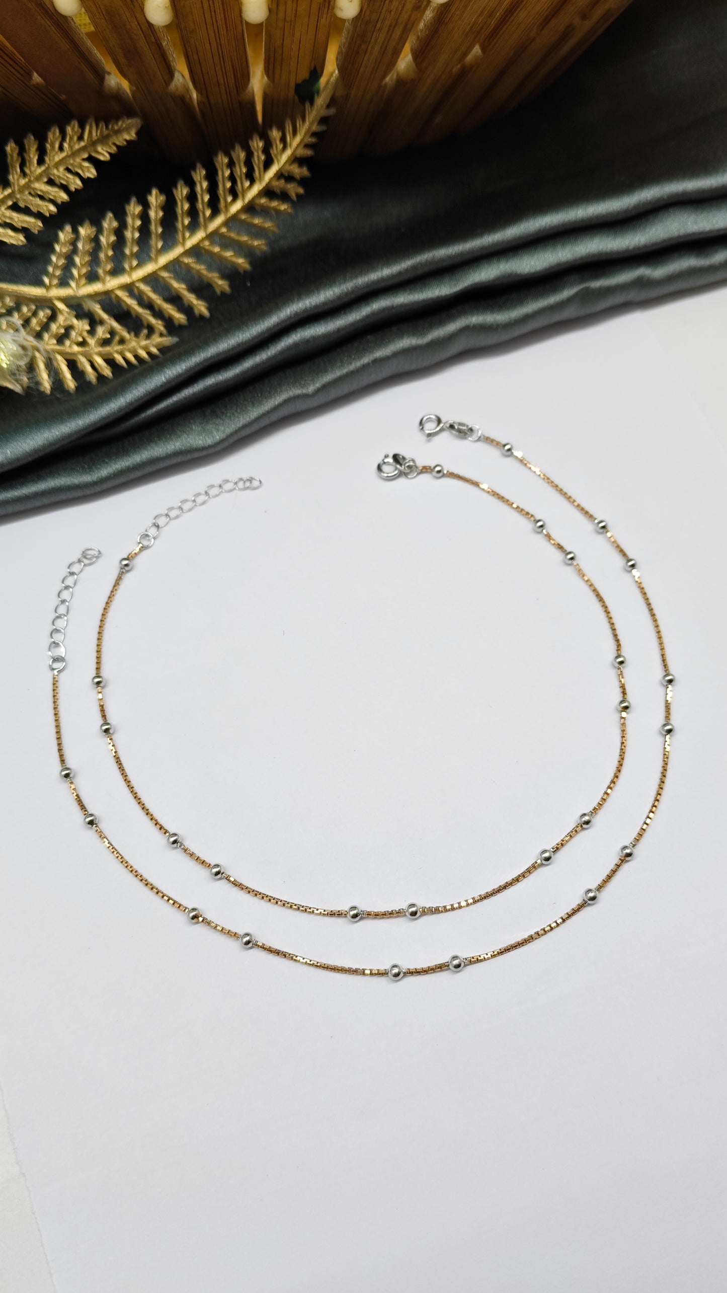 925 Silver Two Tone Rose Gold Silver 2-2 Balls Design Anklet Pair