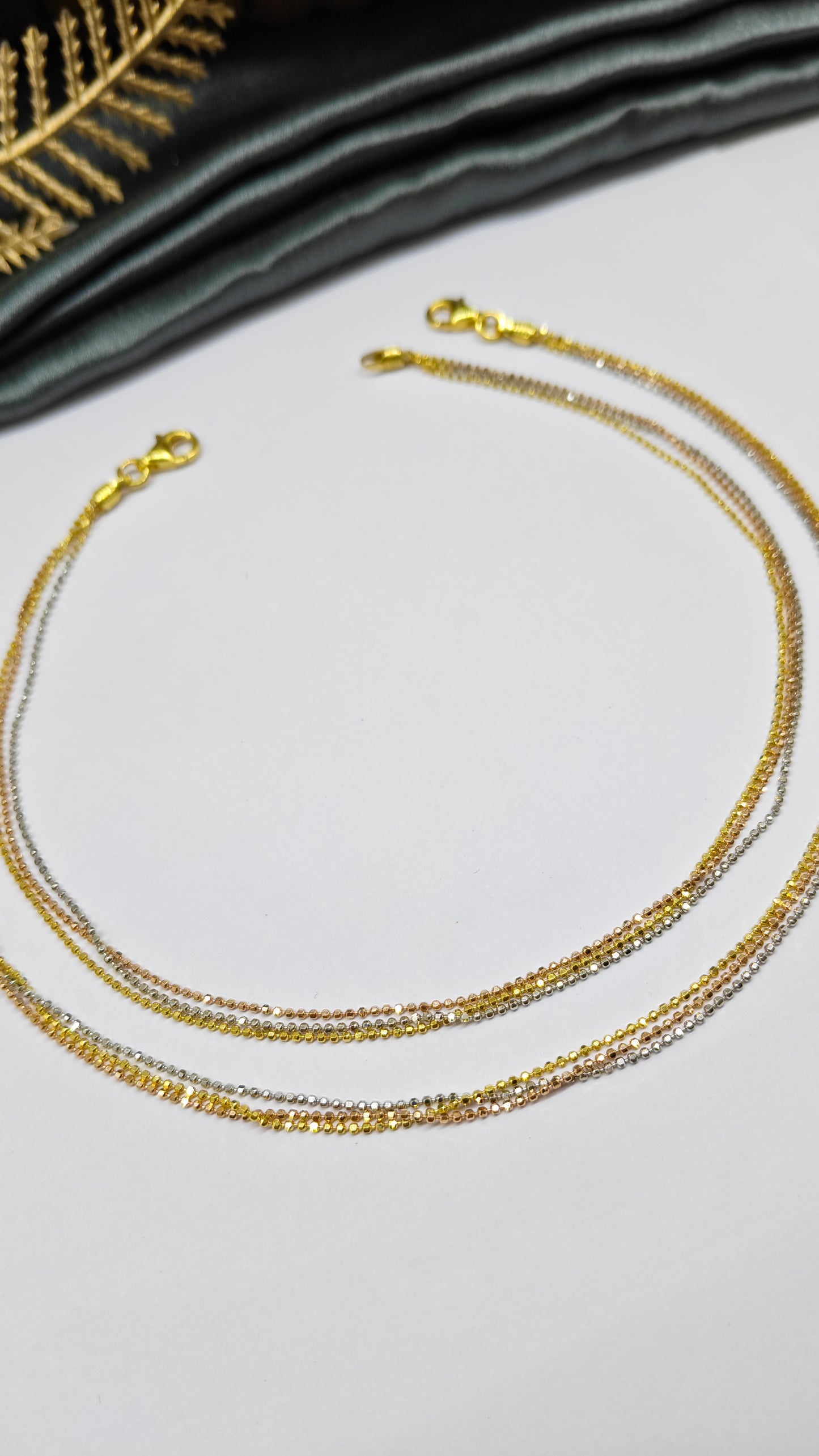925 Silver 3 Layer Tone Rose Gold-Gold-Silver Colour Small Balls Design Anklet Pair